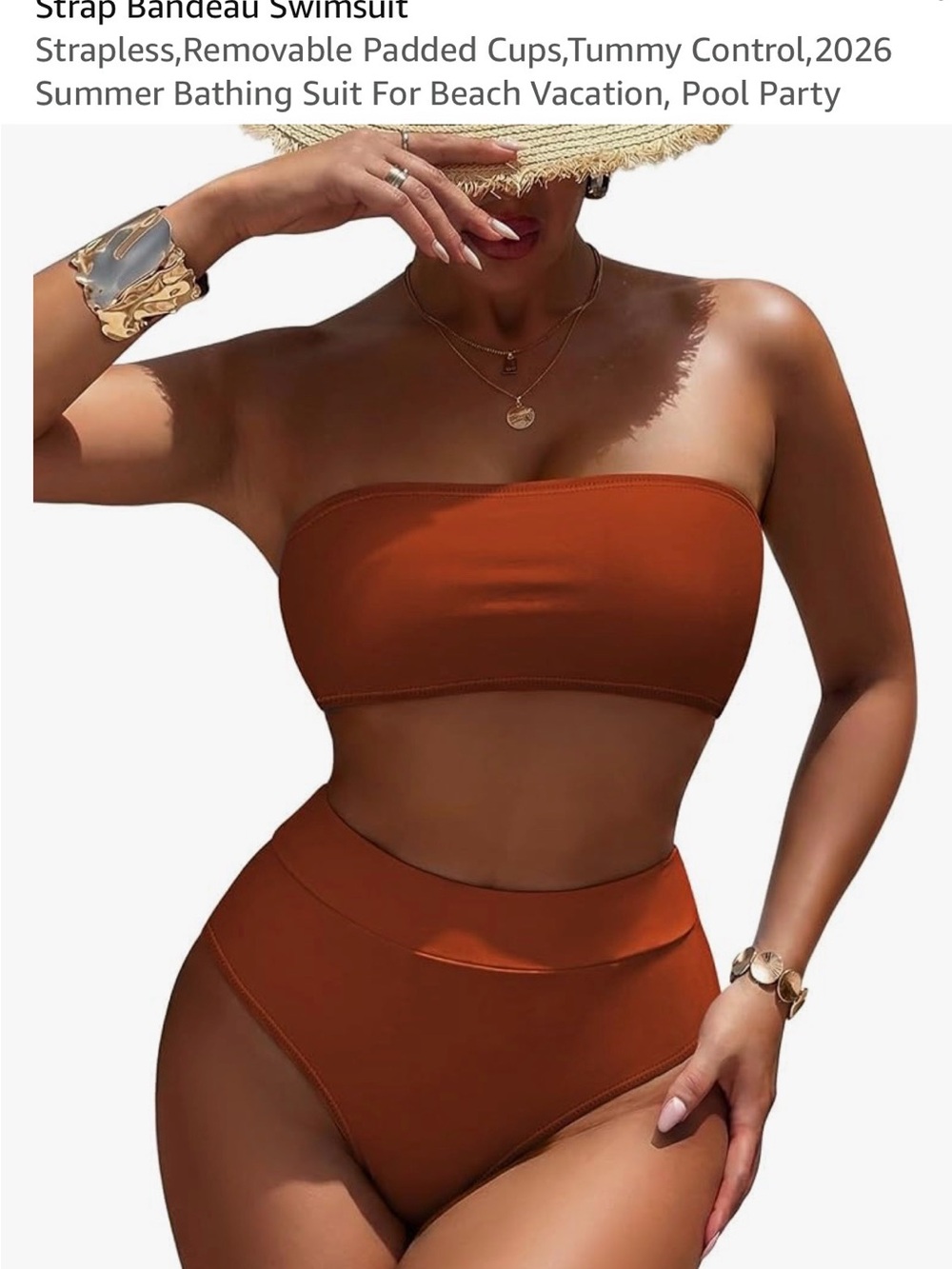 Amazon Rust Strapless Bandeau High-Waist Bikini Set